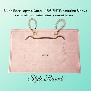 Blush Pink Bear Laptop Case – 15.6/16" Faux Leather Protective Sleeve